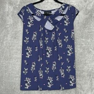 Attention 2X Shirt Top Navy Blue Floral Flower Sleeveless Round Neck Cutout